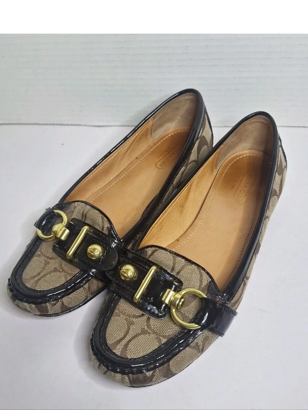 Coach Elkie Loafers Shoes Brown Signature Canvas Patent Leather Size 7 B